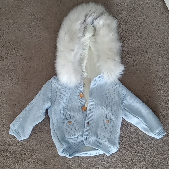 Caramelo Kids Sky Blue Cable Knit Faux Fur Jacket 12-18m - Picture 2 of 9